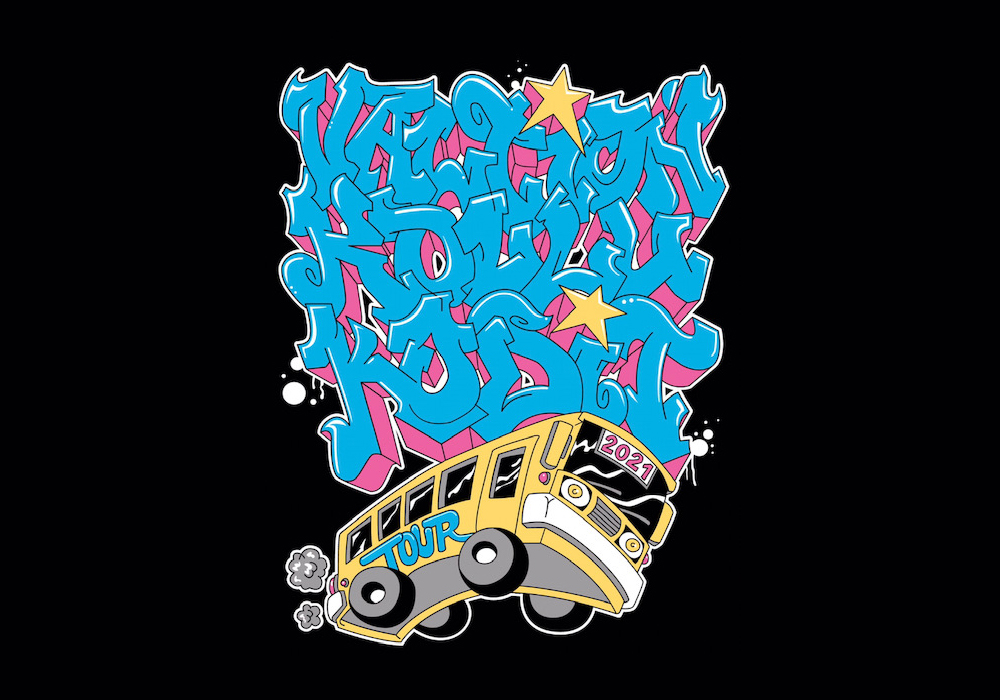 Valtion koulukotien bussikiertue 2021 - Graffitin suunnittelu Pete Nieminen ja toteutus Nina Kuukari.